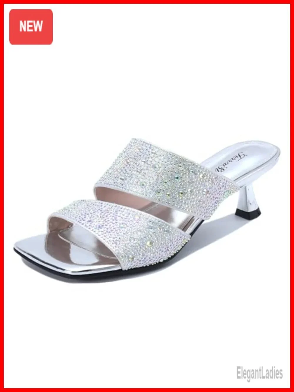 Rhinestone Kitten Heel Sandals Square Open Toe Double Strap Slides Party